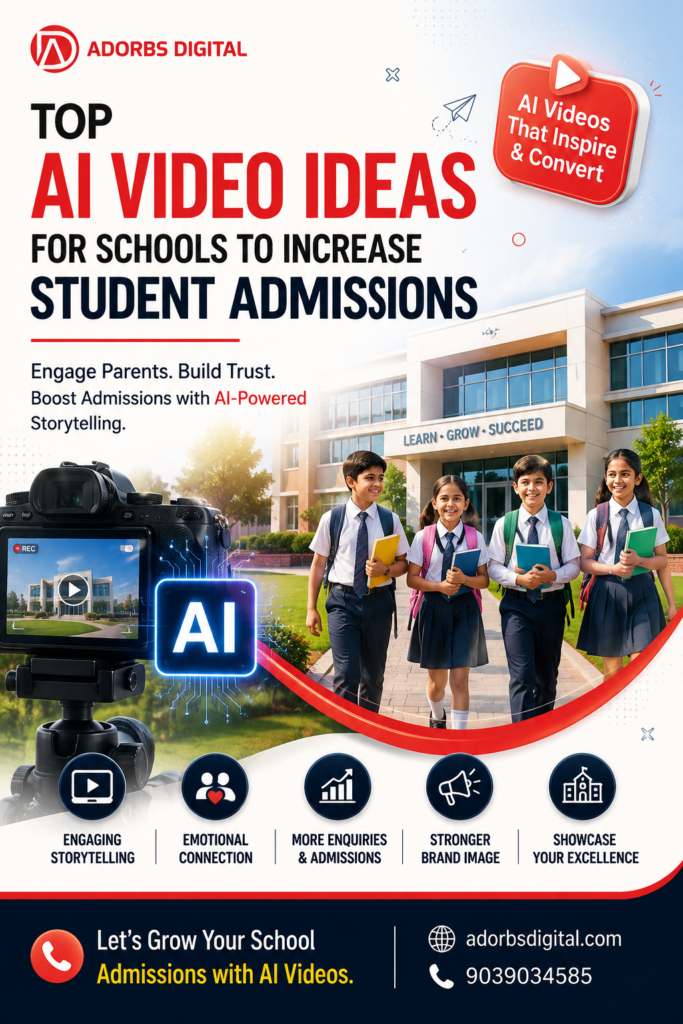 Top AI Video Ideas for Schools to Increase Student Admissions featuring AI-powered school marketing, digital storytelling, and Adorbs Digital branding.